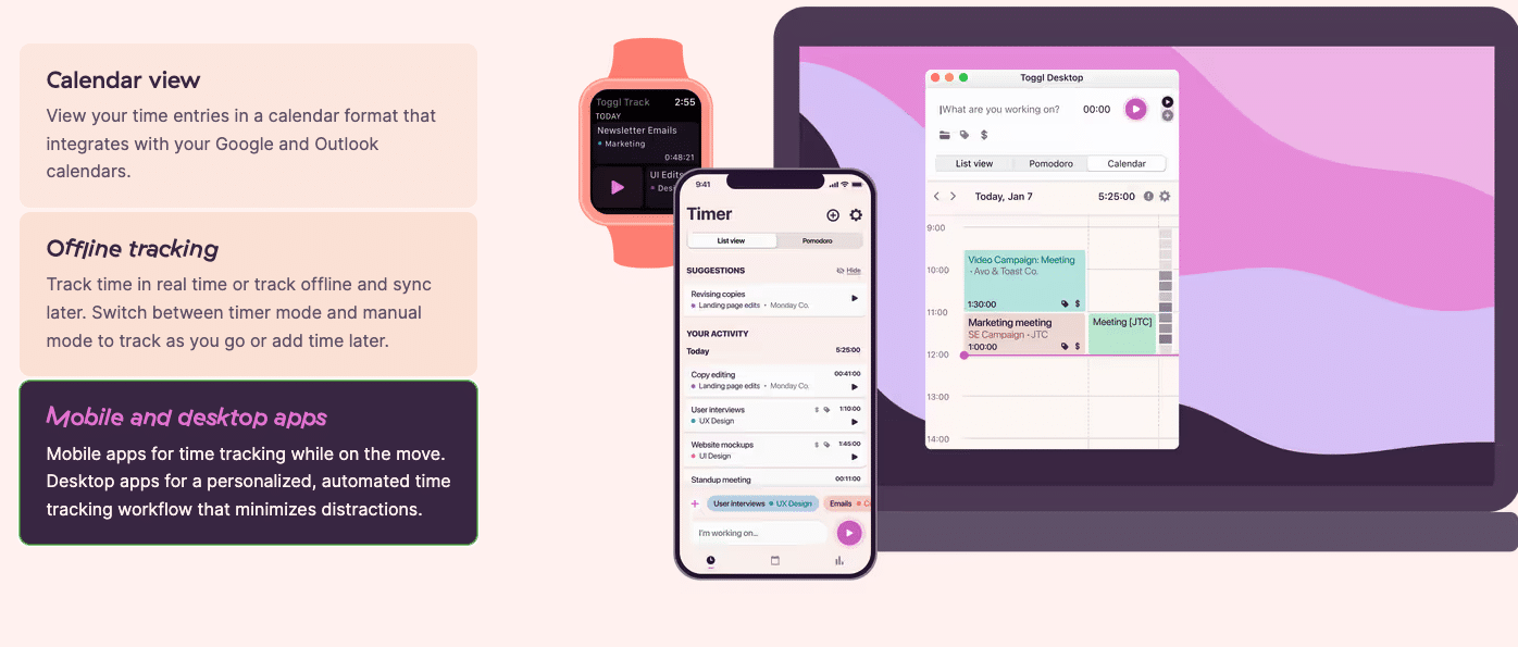 Screenshot of Toggl timetracking app and dashboard