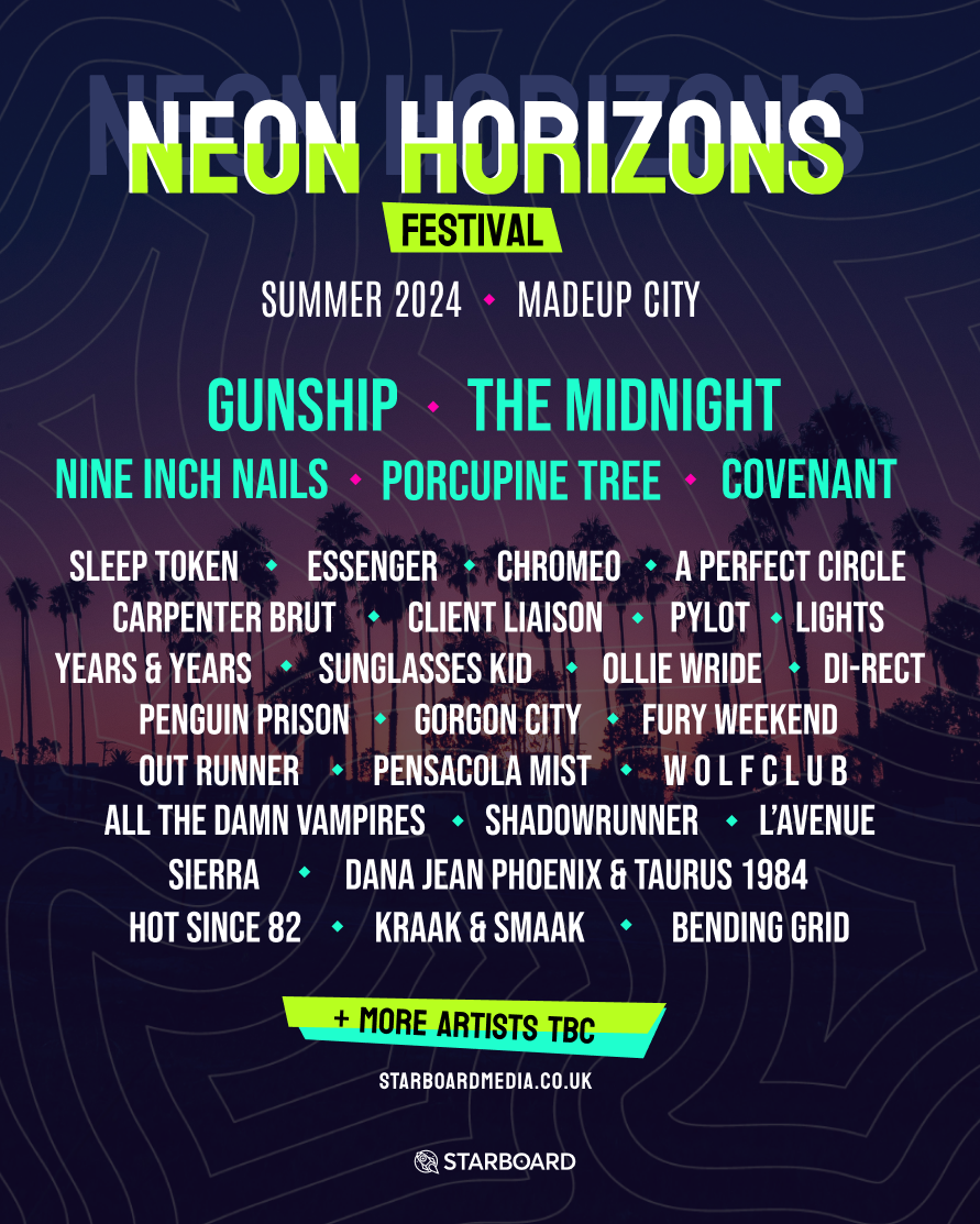 Poster design for my dream festival lineup - dark purple background with sunset photograph vibes, bright green and pink neon colours for some of the fonts.